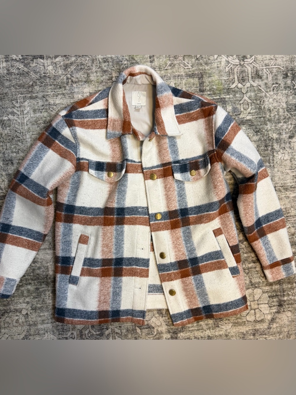 Joie Cream Plaid Shacket with Blue & Brown Stripes